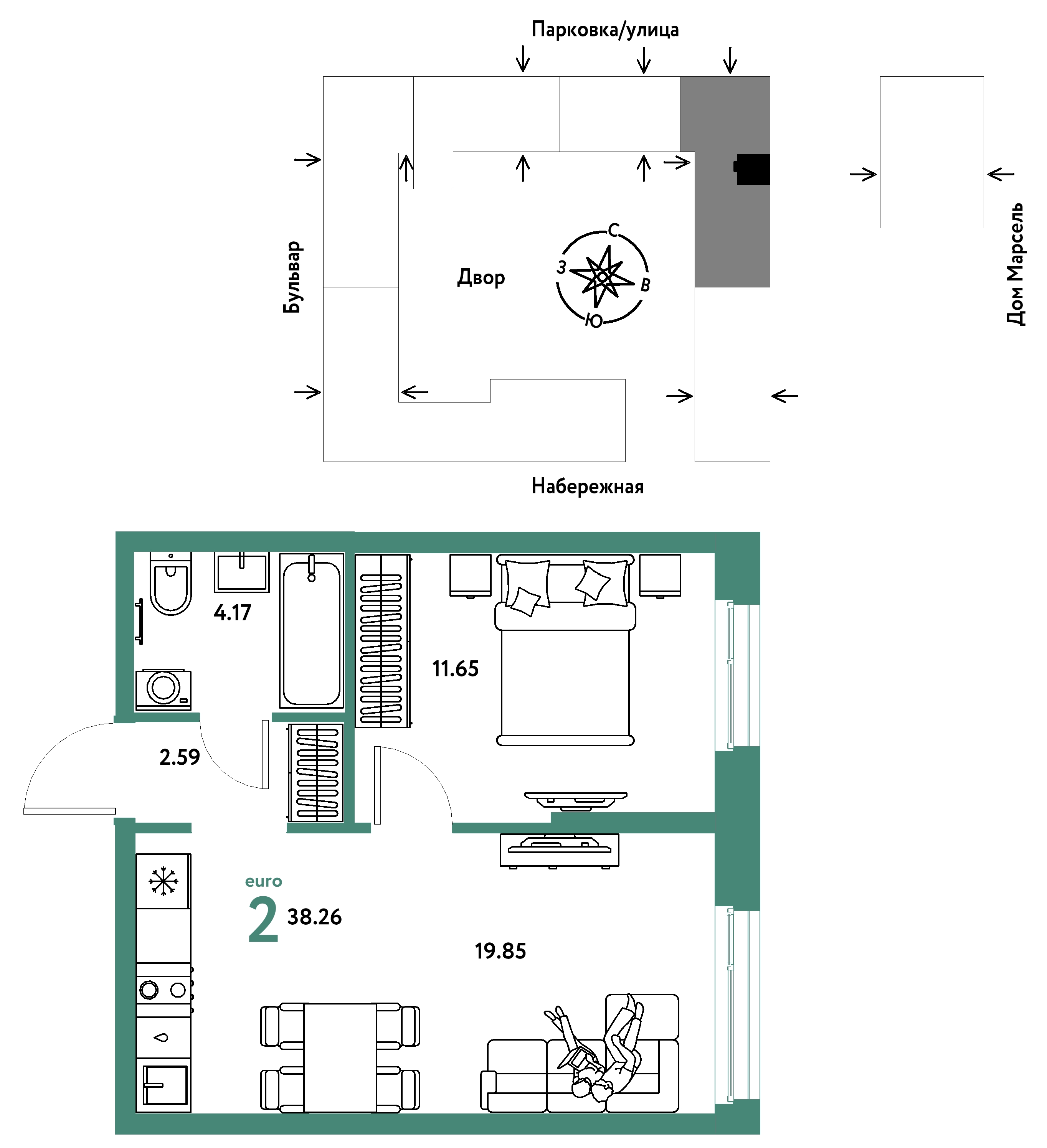 Планировка: Евродвушка 38.3 м² в ЖК Европейский берег 2.0, Европейский