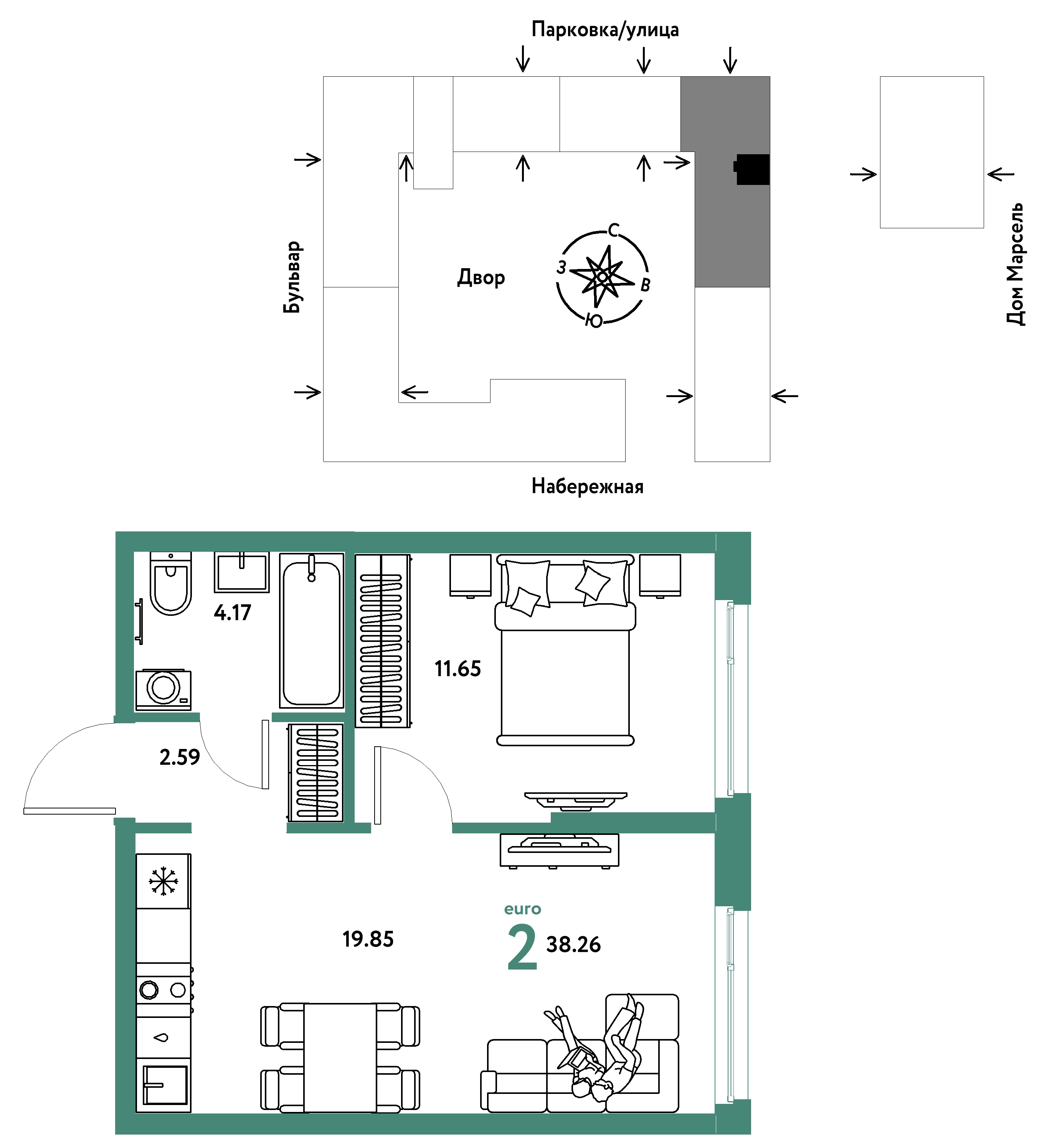 Планировка: Евродвушка 38.3 м² в ЖК Европейский берег 2.0, Европейский