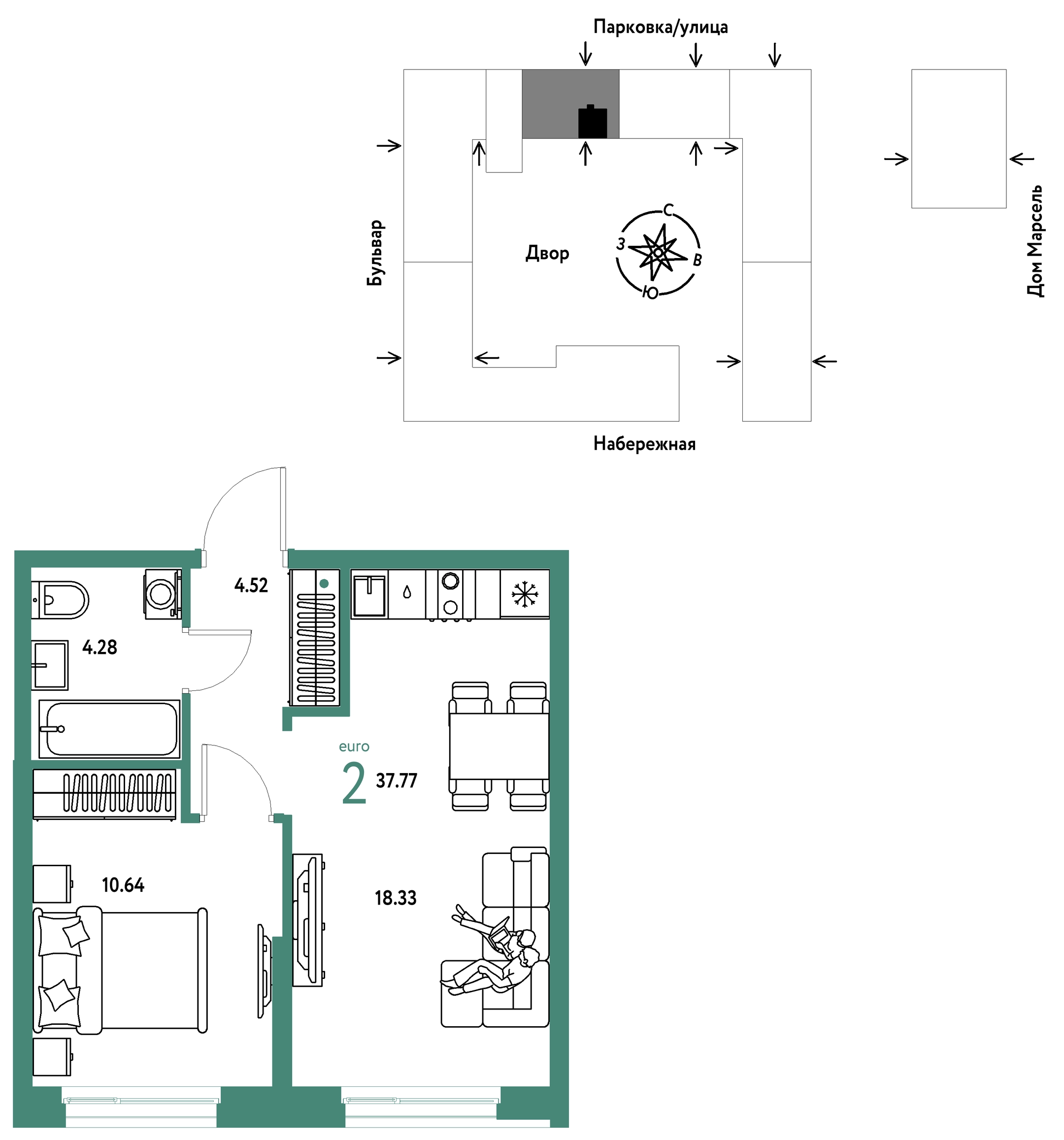 Планировка: Евродвушка 37.8 м² в ЖК Европейский берег 2.0, Европейский