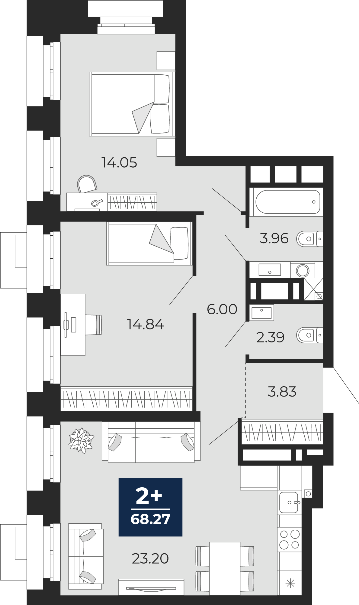 Планировка: 2-комнатная 68.3 м² в ЖК Айвазовский, 5-й Заречный