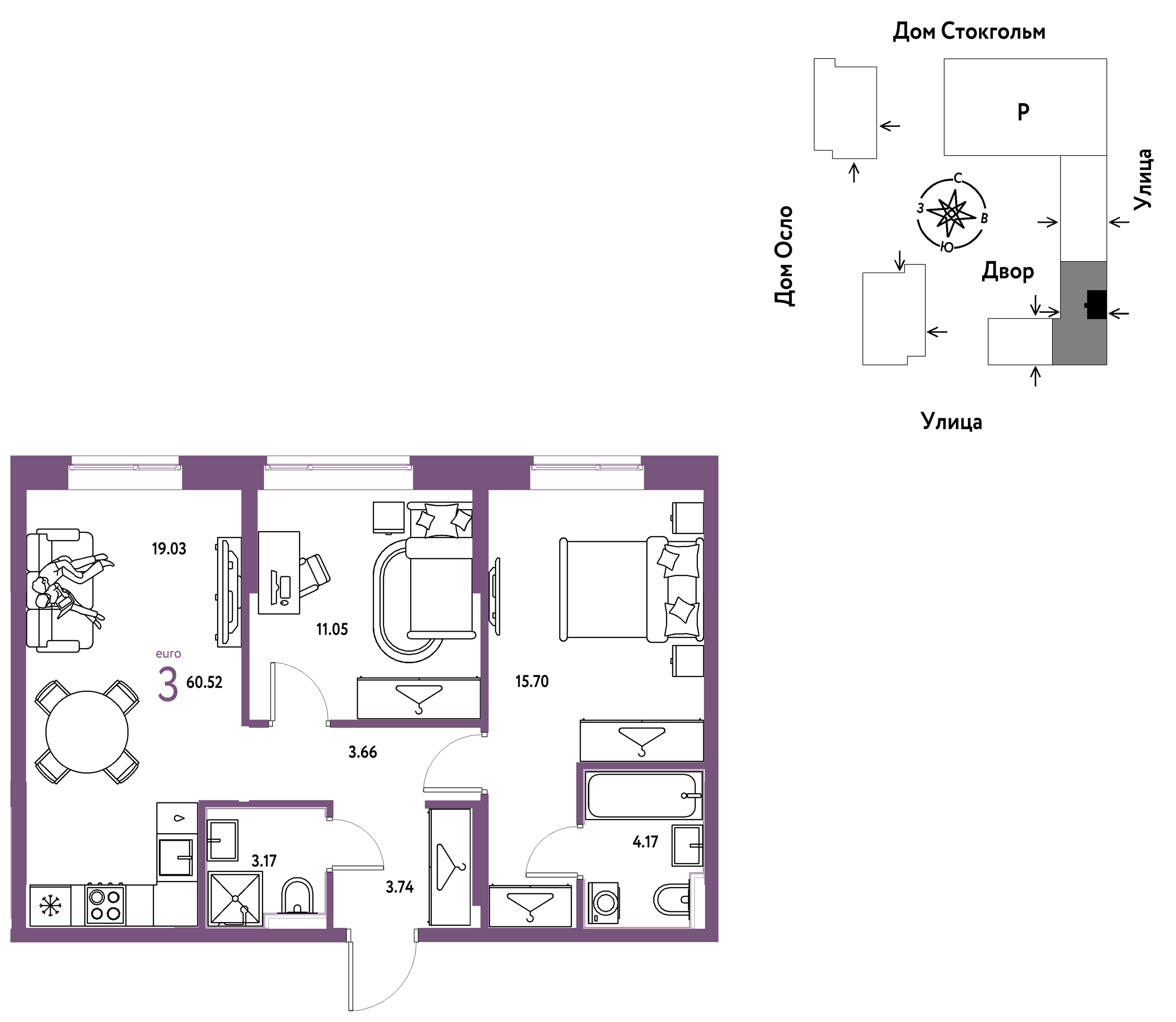 Планировка: Евротрешка 60.5 м² в ЖК Европейский берег 2.0, Европейский