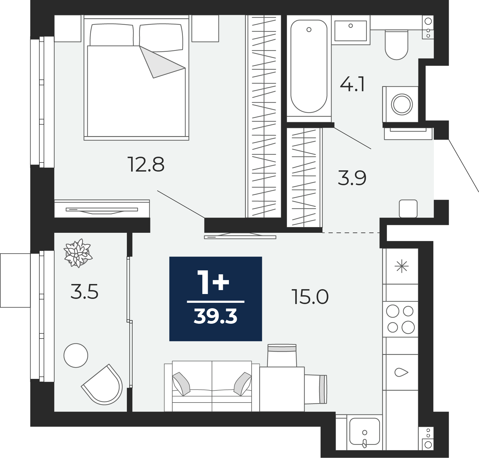 Планировка: Евродвушка 40.1 м² в ЖК Беринг, Лесобаза