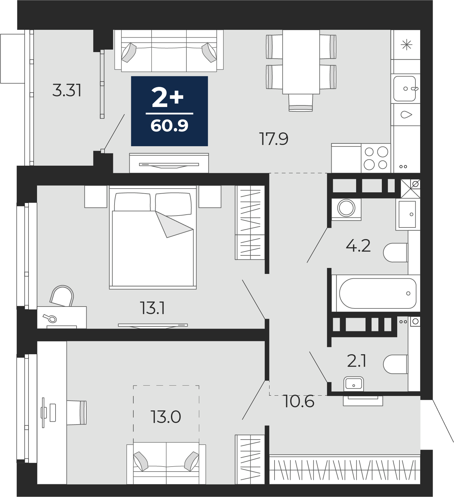 Планировка: Евротрешка 65.3 м² в ЖК Прео, Тюменская слобода