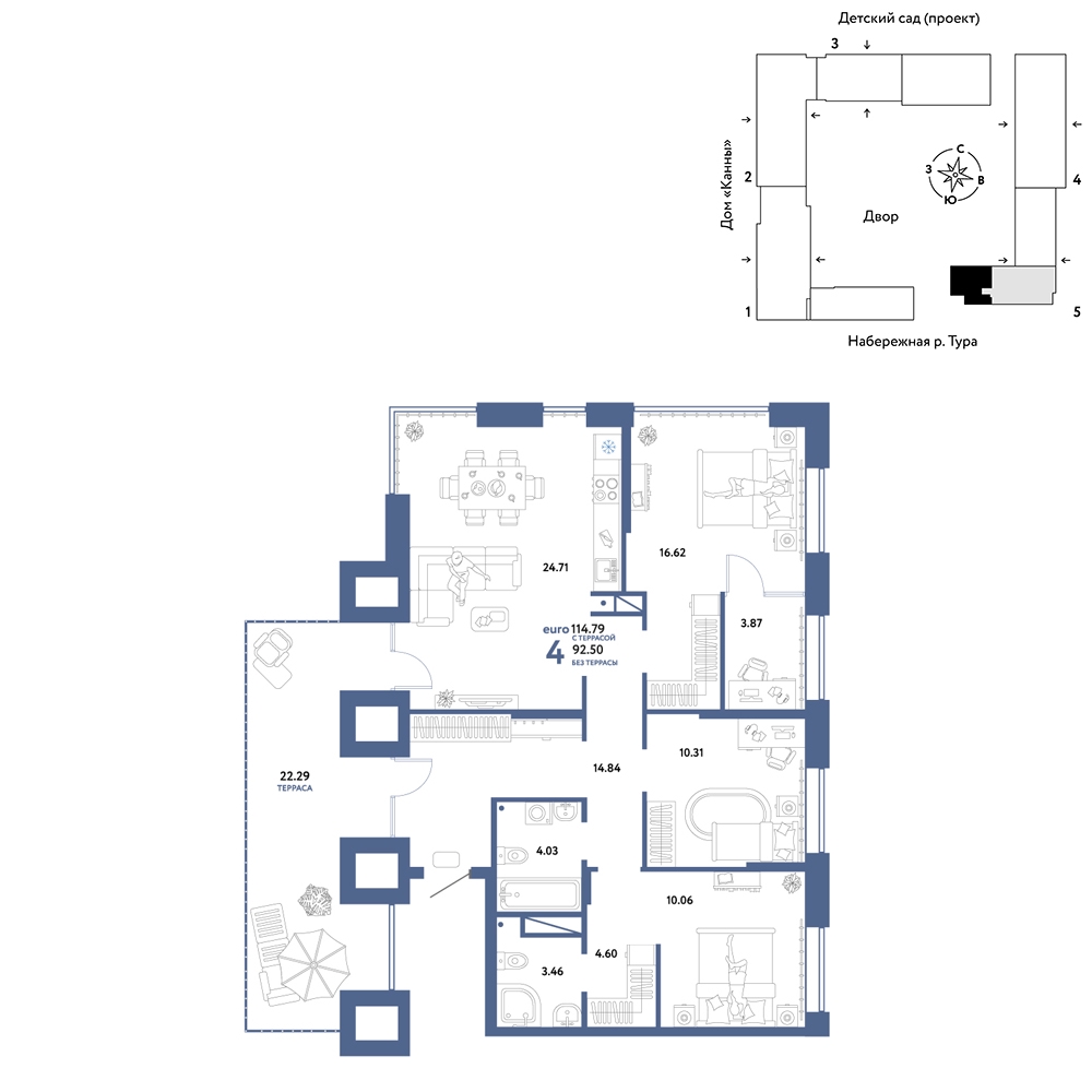 Планировка: 4-комнатная евро 114.8 м² в ЖК Европейский берег 2.0, Европейский