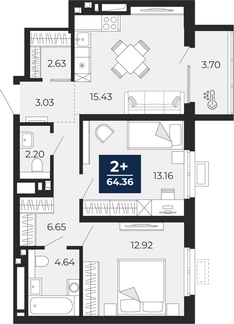 Планировка: Евротрешка 64.4 м² в ЖК Беринг, Лесобаза