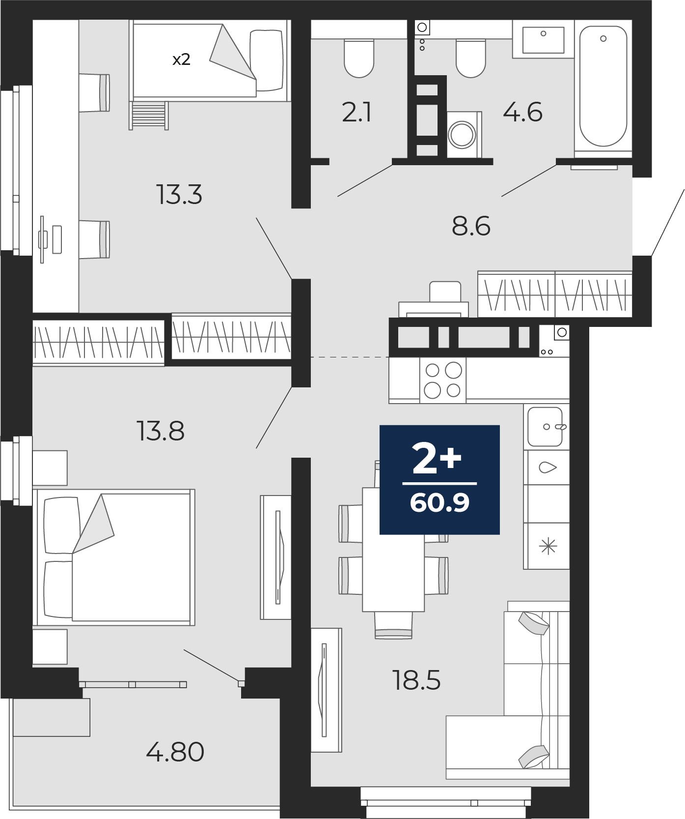 Планировка: Евротрешка 66.8 м² в ЖК Прео, Тюменская слобода