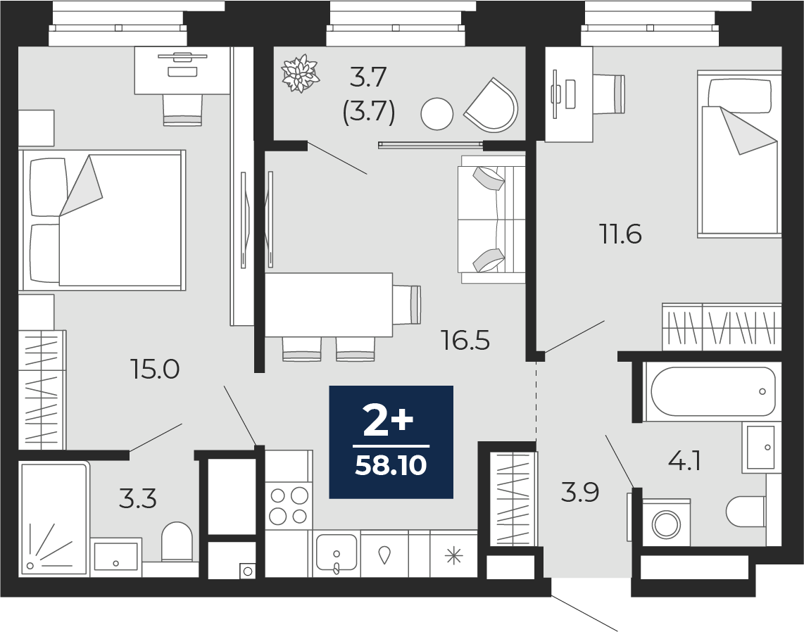 Планировка: Евротрешка 58.1 м² в ЖК Мириады, Мыс