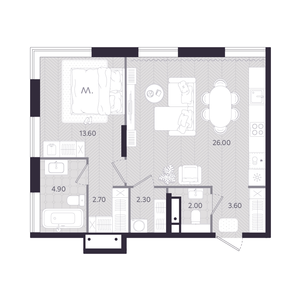 Планировка: Евродвушка 55.1 м² в ЖК Монео, Центр
