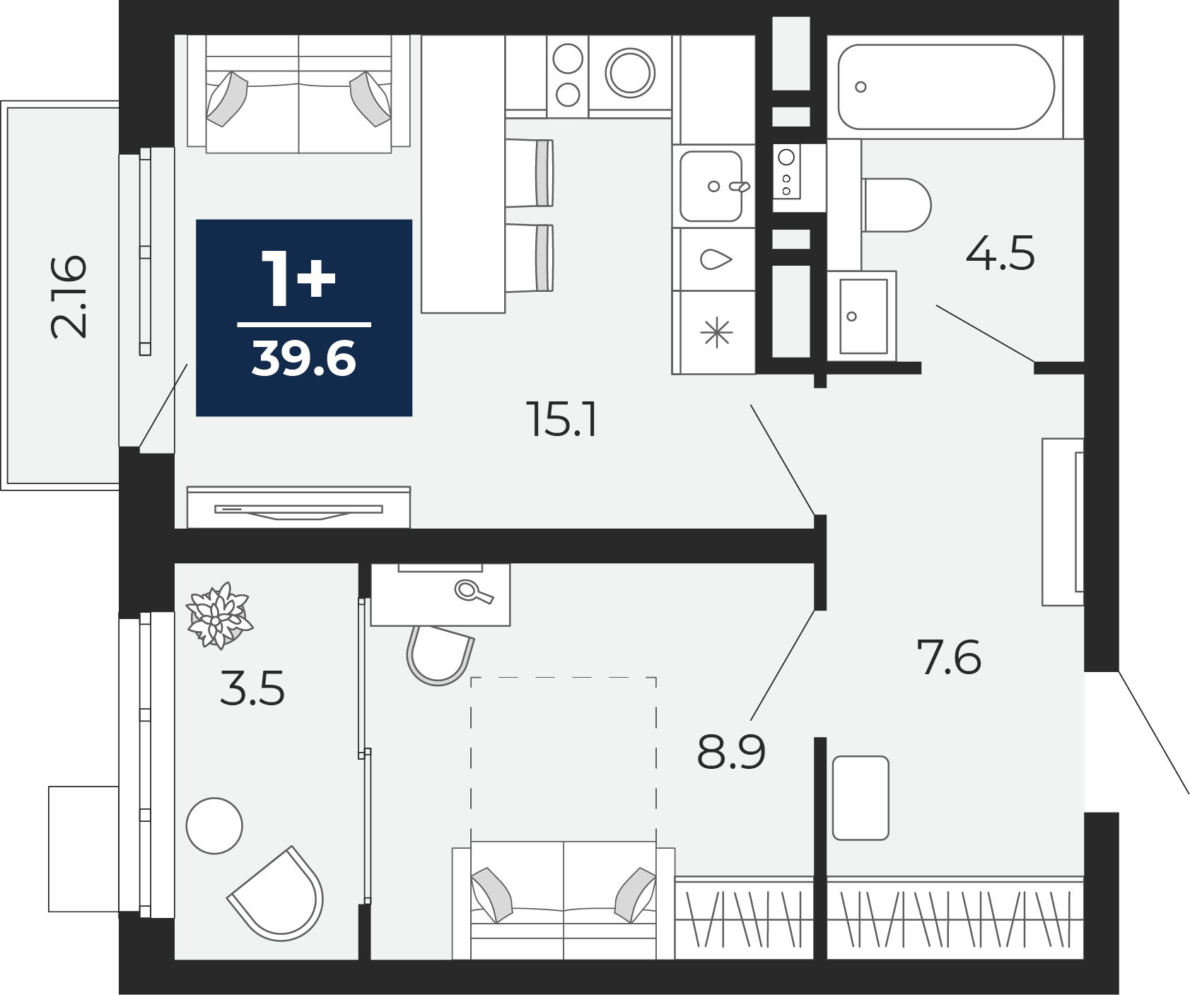 Планировка: Евродвушка 43.1 м² в ЖК Беринг, Лесобаза