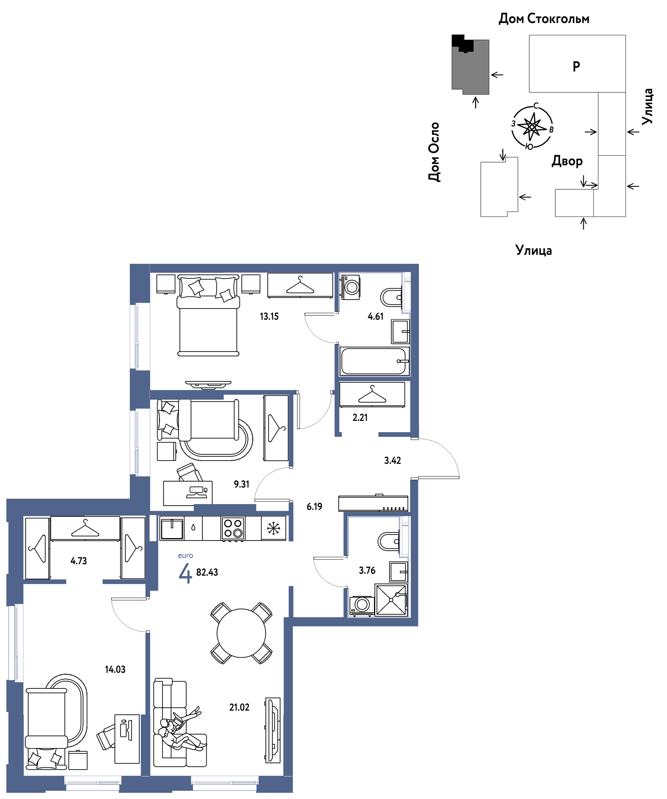 Планировка: 4-комнатная евро 82.4 м² в ЖК Европейский берег 2.0, Европейский