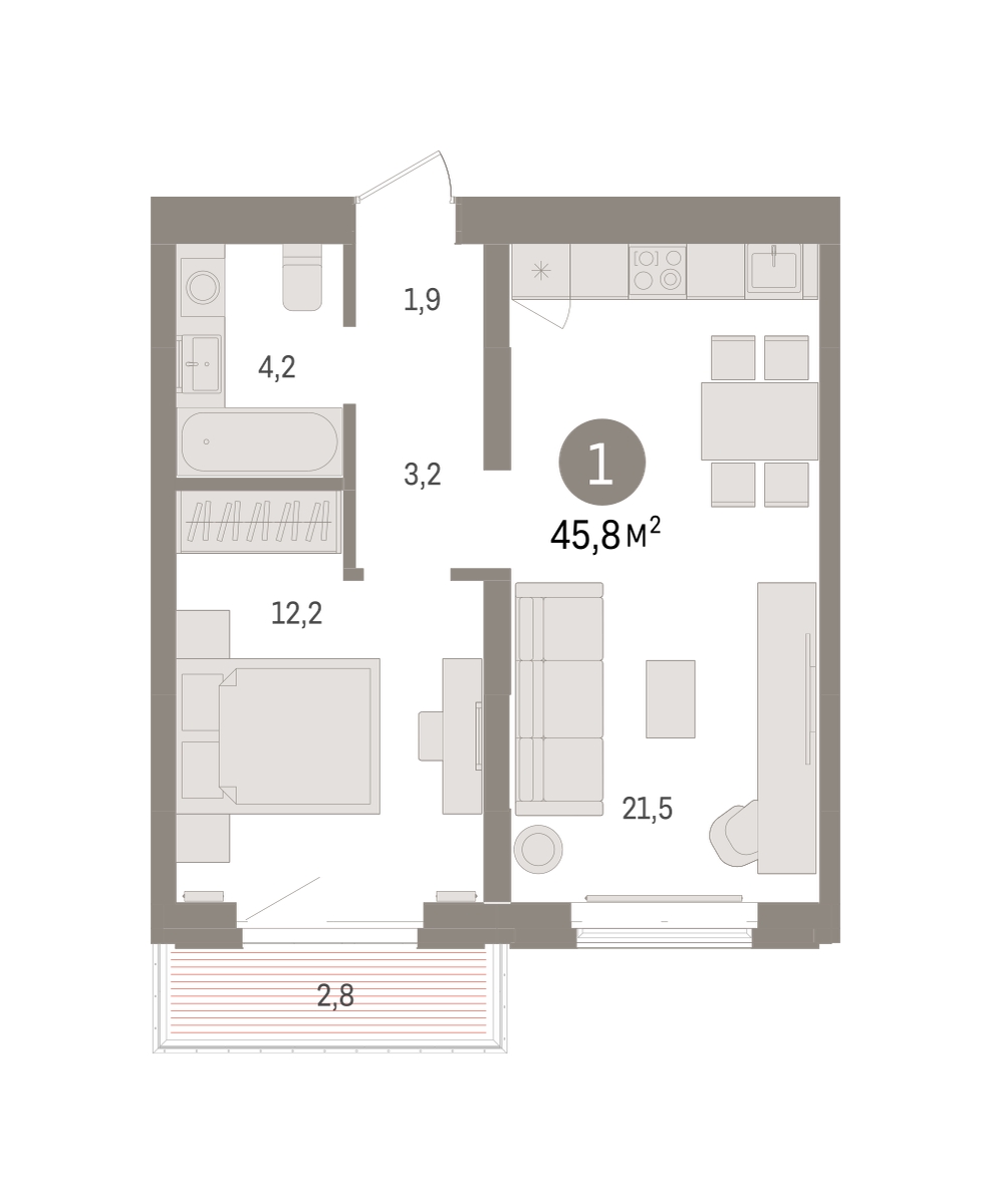 Планировка: 1-комнатная 45.8 м² в ЖК На Минской, Центр: Драмтеатр