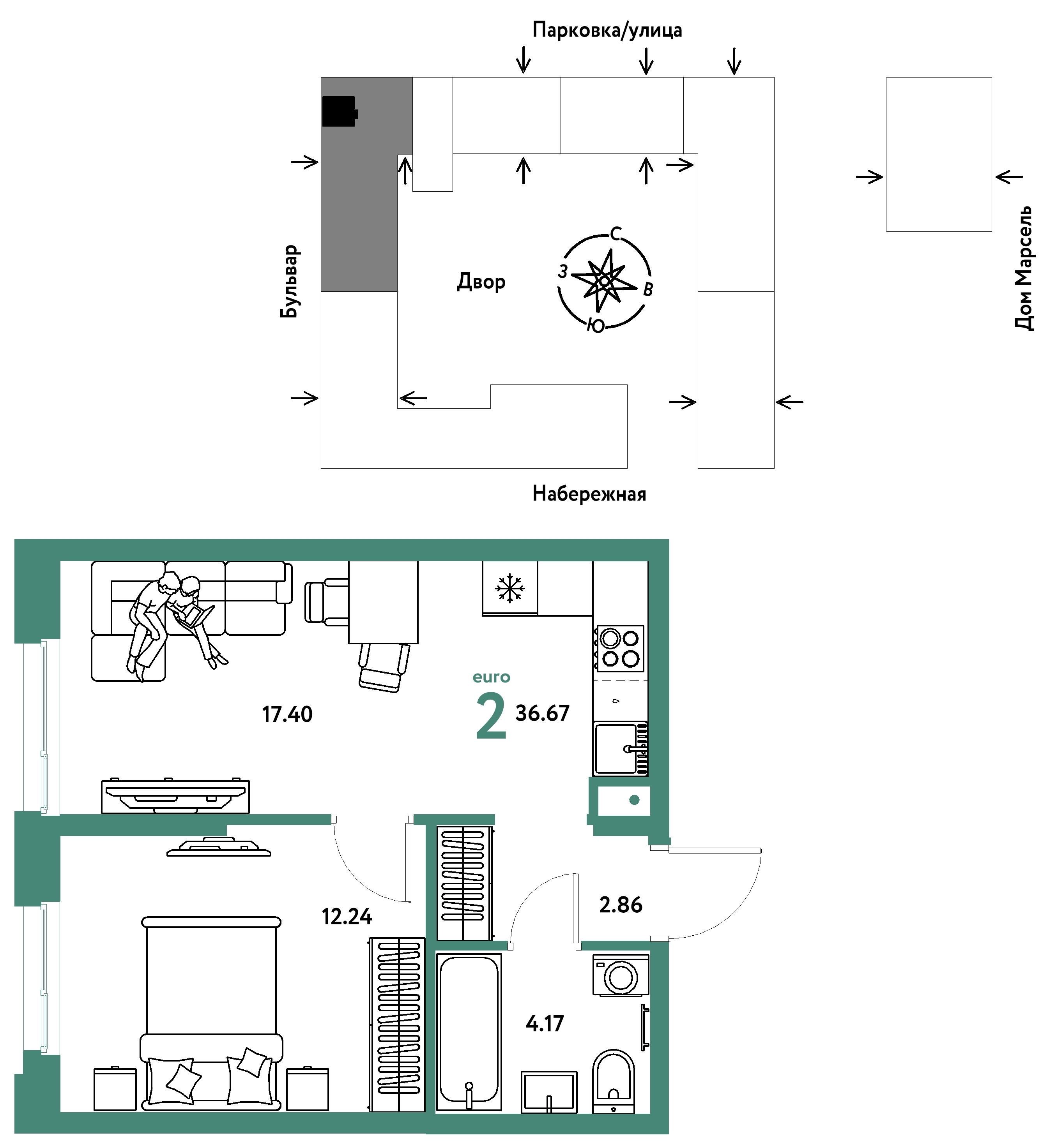 Планировка: Евродвушка 36.7 м² в ЖК Европейский берег 2.0, Европейский