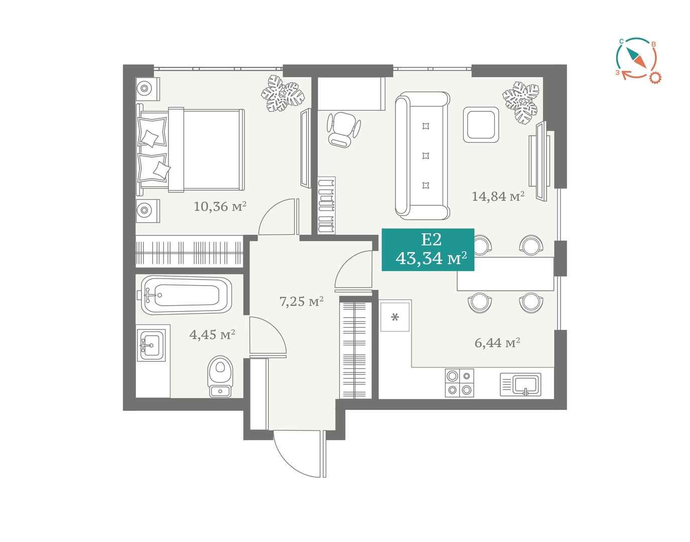 Планировка: Евродвушка 43.3 м² в ЖК ДомОтель, Мыс