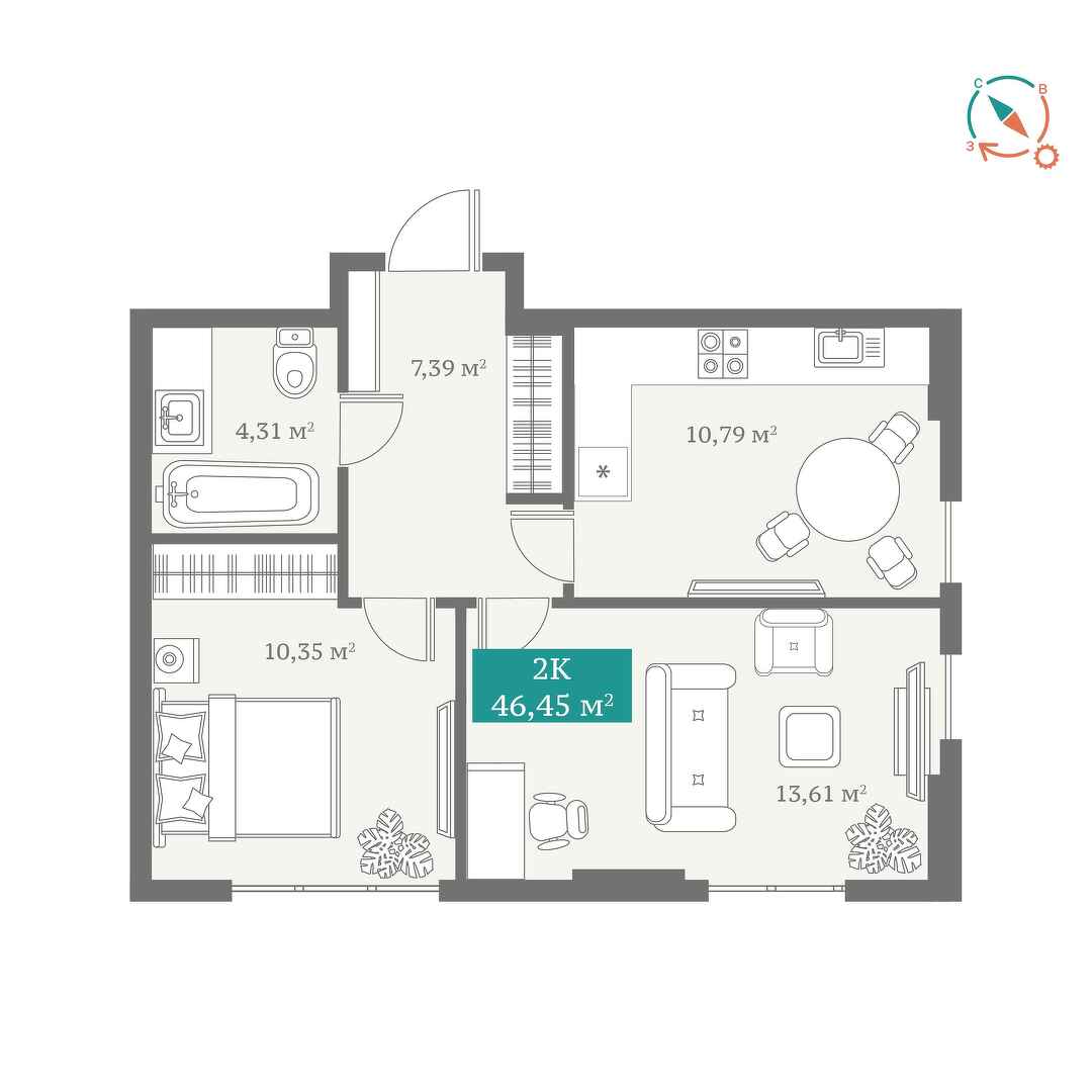 Планировка: 2-комнатная 46.5 м² в ЖК ДомОтель, Мыс