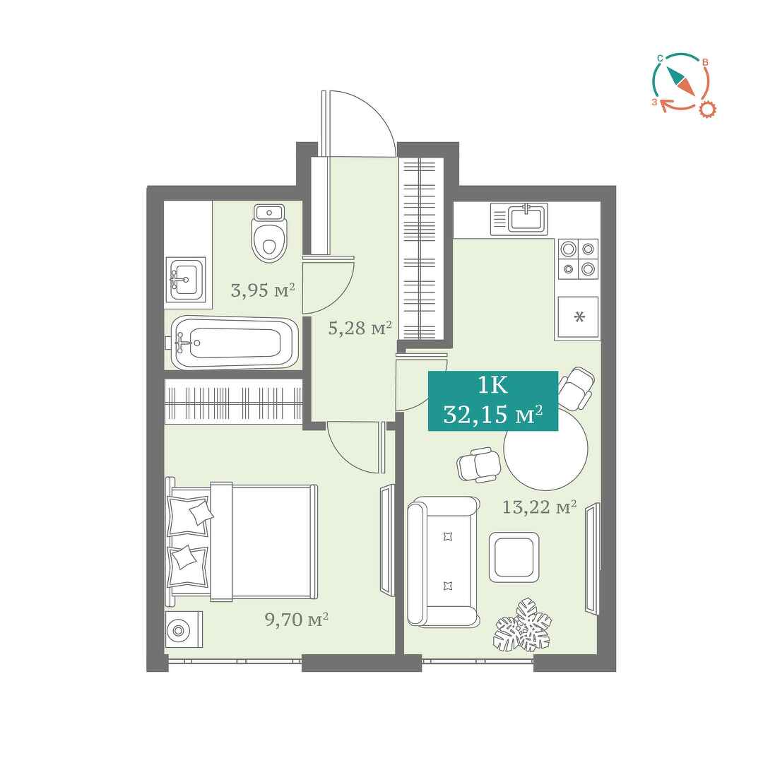 Планировка: Евродвушка 32.4 м² в ЖК ДомОтель, Мыс