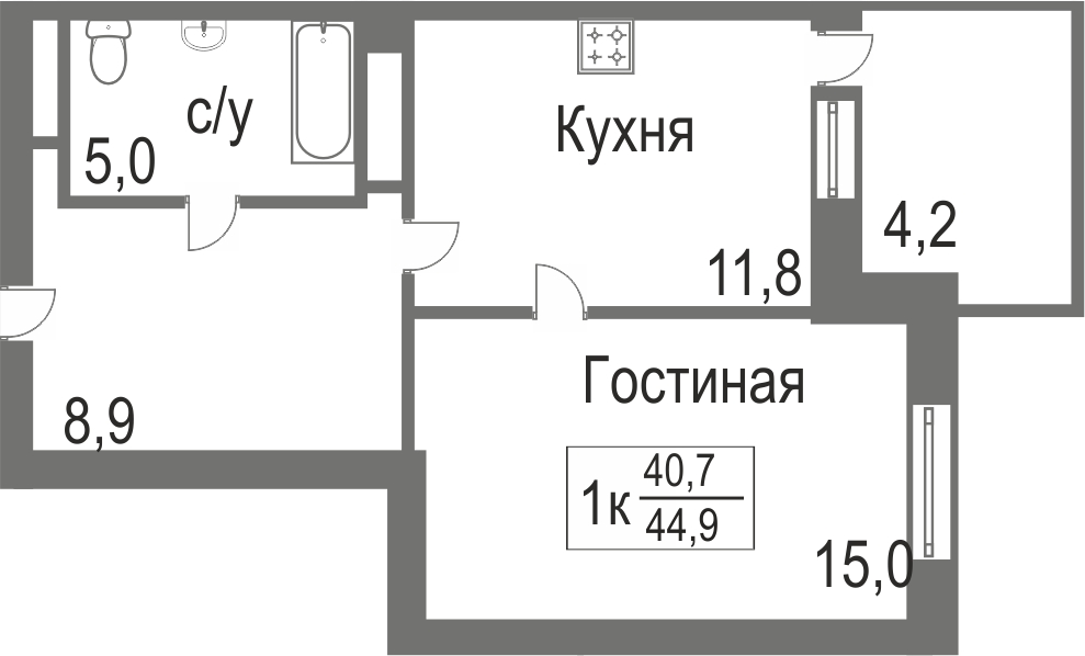 Объявление. г. Тюмень, 1-комн.кв. 40.7кв.м, Велижанская. Фото 1