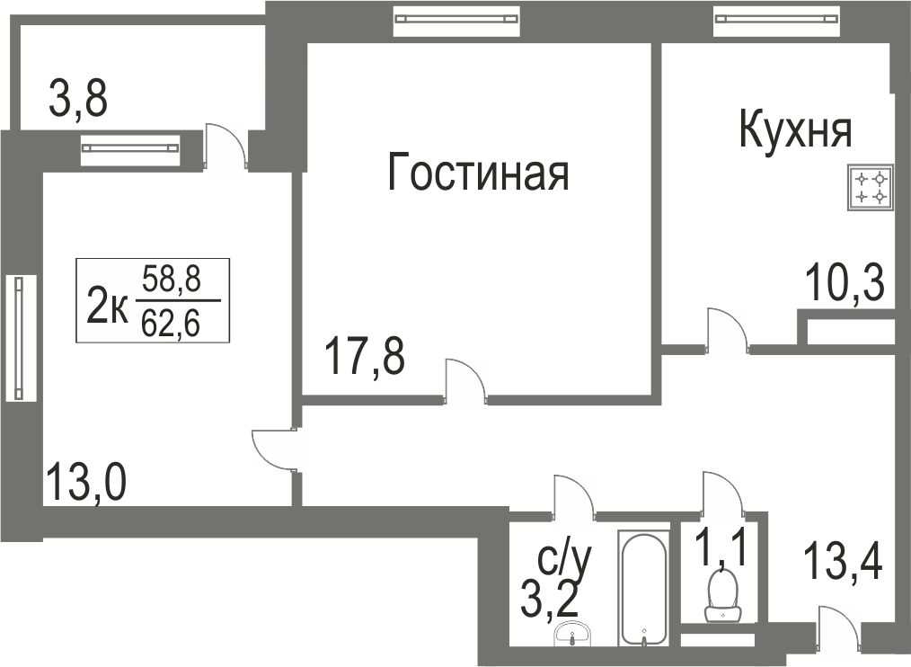 Объявление. г. Тюмень, 2-комн.кв. 58.8кв.м, Велижанская. Фото 2