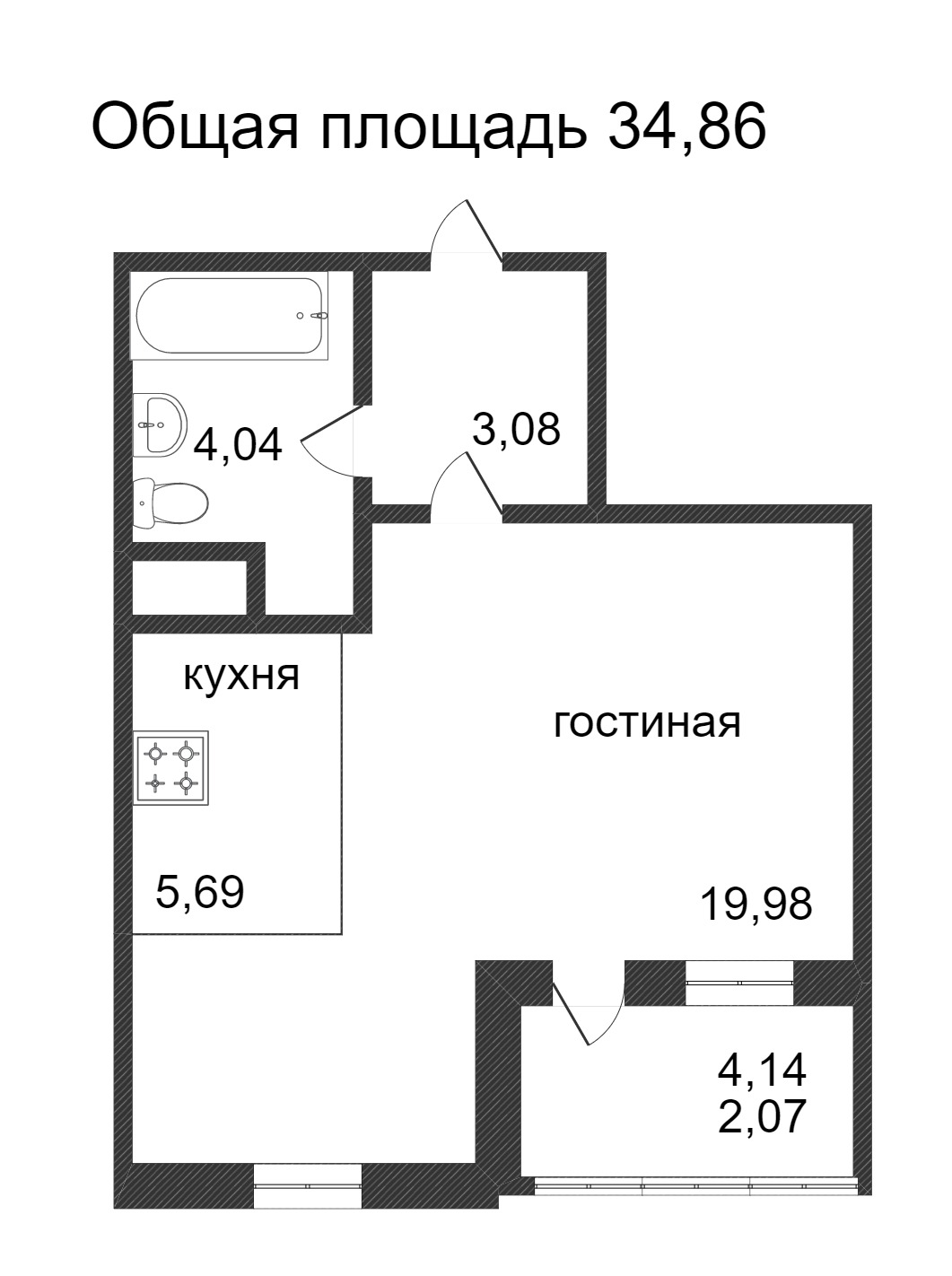Объявление. г. Сургут, 1-комн.кв. 34.86кв.м, Ивана Захарова. Фото 3