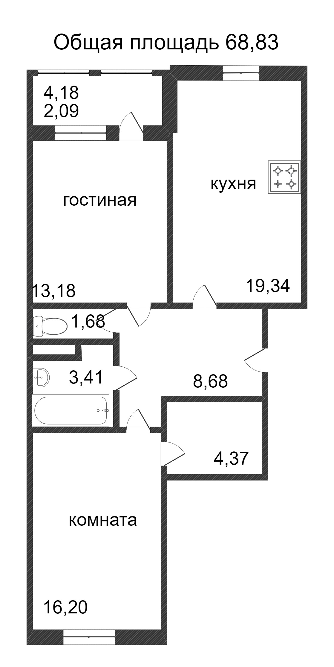 Объявление. г. Сургут, 2-комн.кв. 68.83кв.м, Ивана Захарова. Фото 3