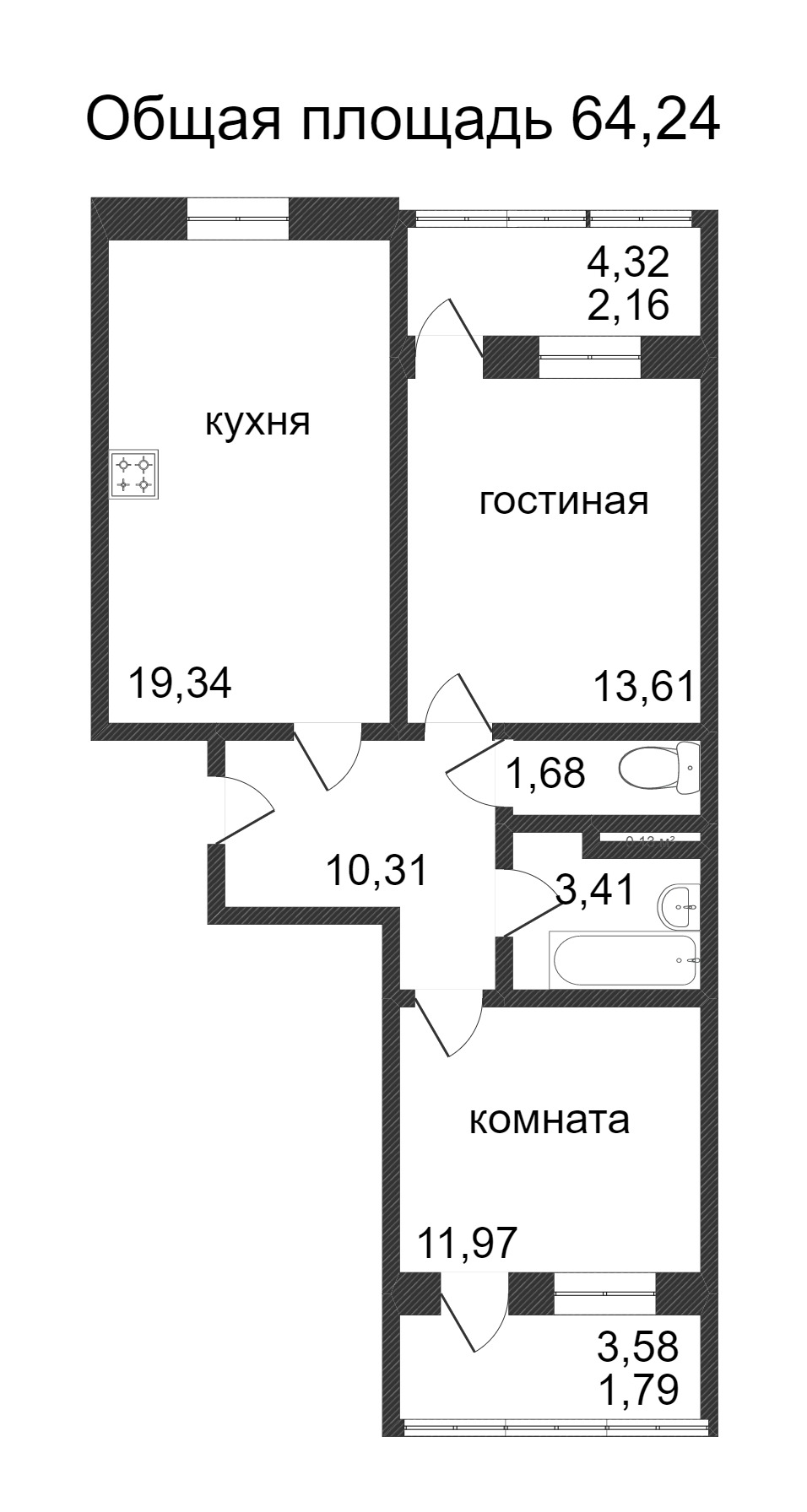 Объявление. г. Сургут, 2-комн.кв. 64.24кв.м, Ивана Захарова. Фото 3