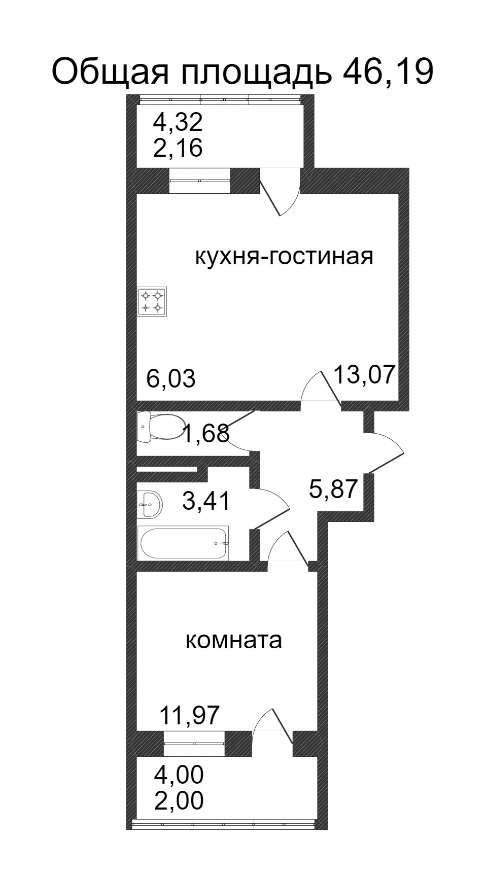 Объявление. г. Сургут, 1-комн.кв. 46.19кв.м, Ивана Захарова. Фото 3