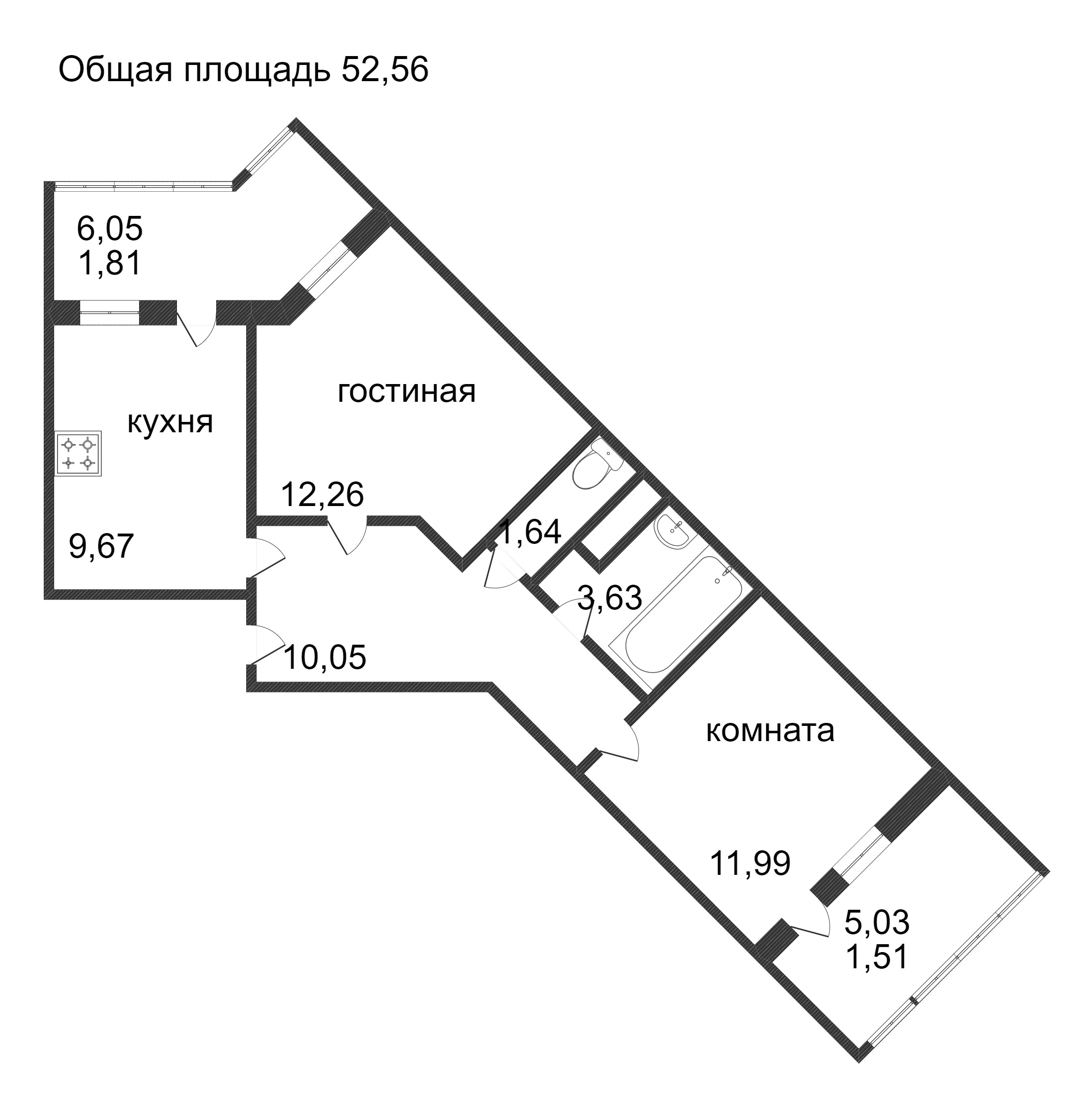 Объявление. г. Сургут, 2-комн.кв. 52.56кв.м, Ивана Захарова. Фото 3