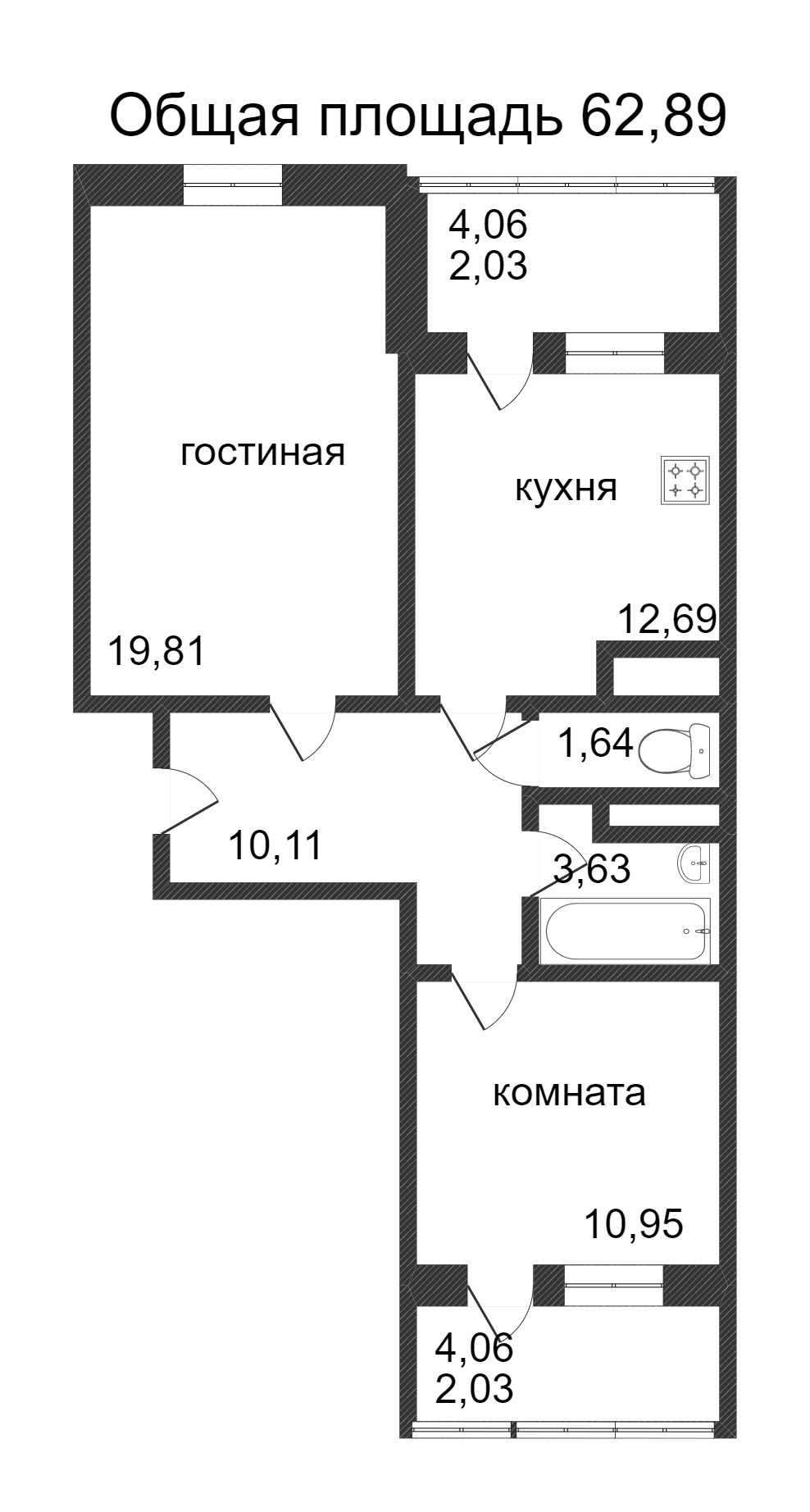 Объявление. г. Сургут, 2-комн.кв. 62.89кв.м, Ивана Захарова. Фото 3