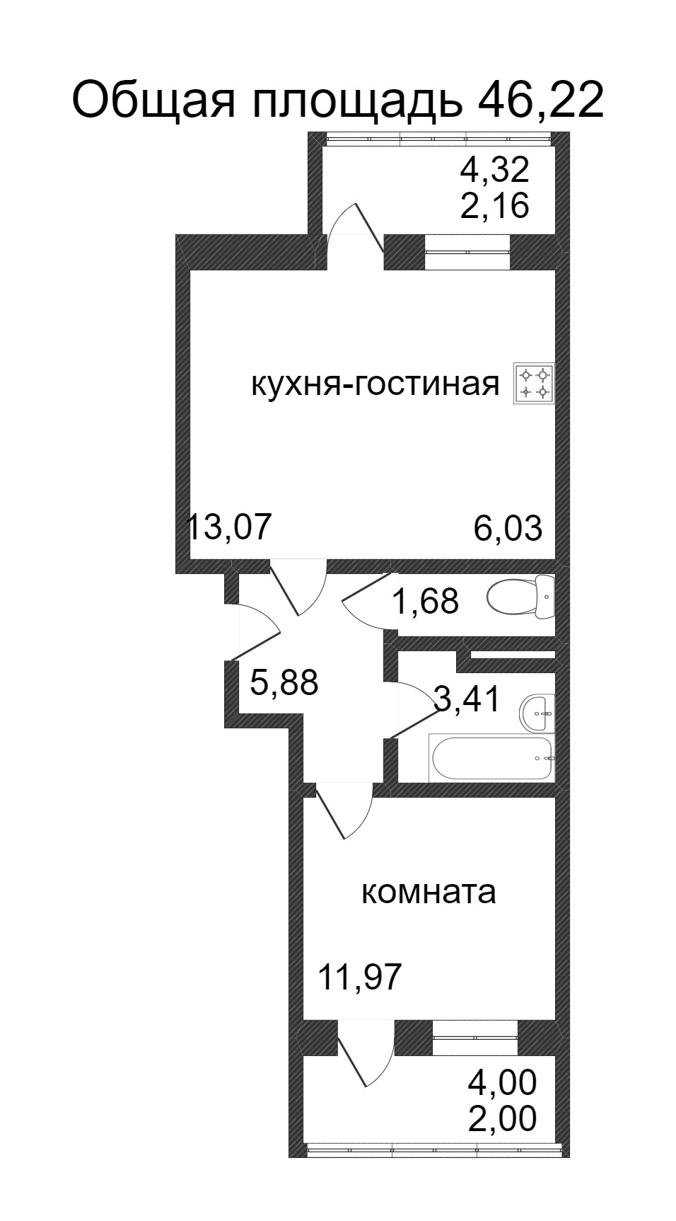 Объявление. г. Сургут, 1-комн.кв. 46.2кв.м, Ивана Захарова. Фото 3