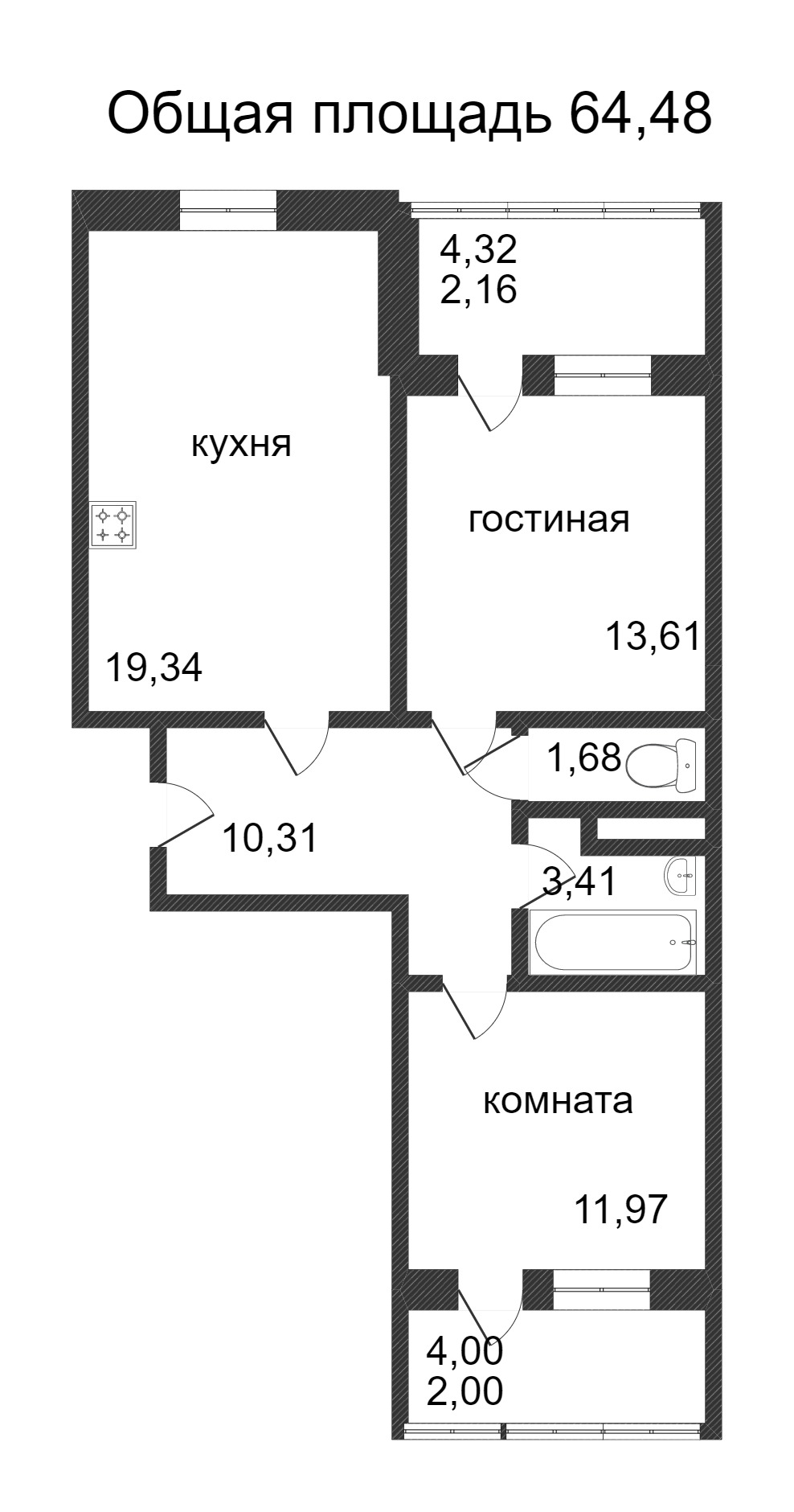 Объявление. г. Сургут, 2-комн.кв. 64.48кв.м, Ивана Захарова. Фото 3