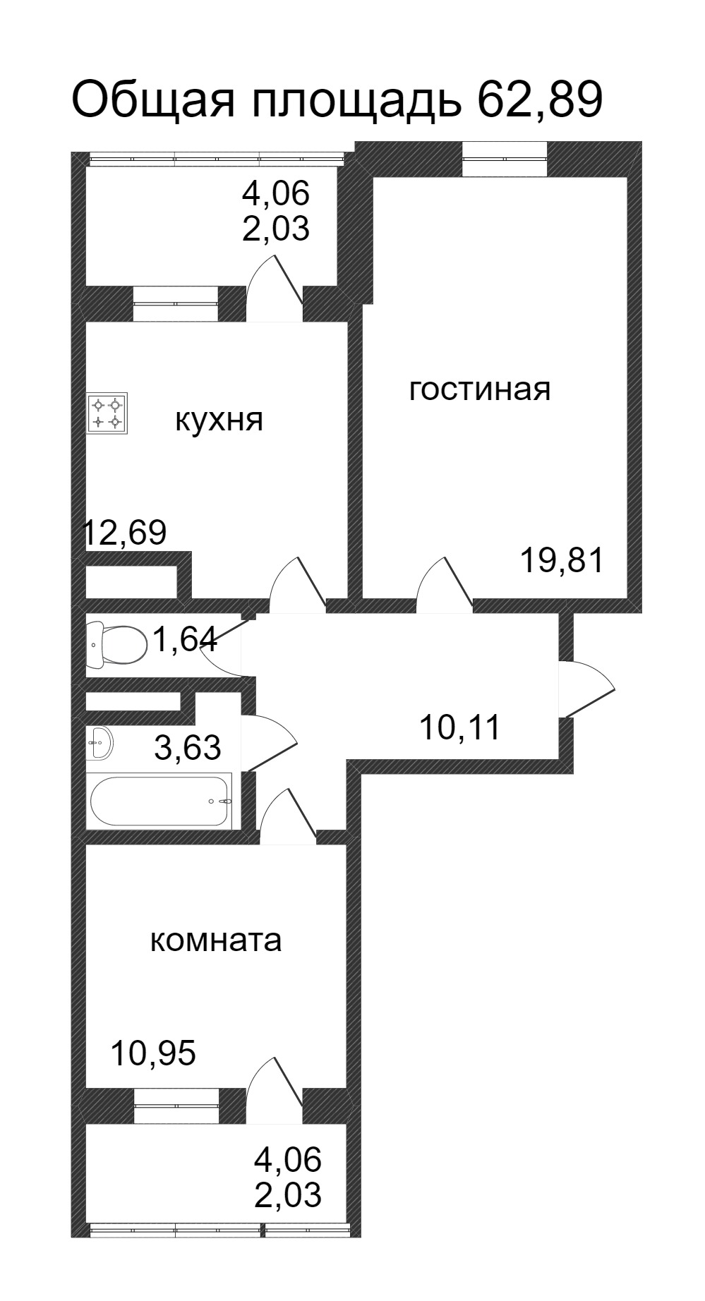 Объявление. г. Сургут, 2-комн.кв. 62.89кв.м, Ивана Захарова. Фото 3