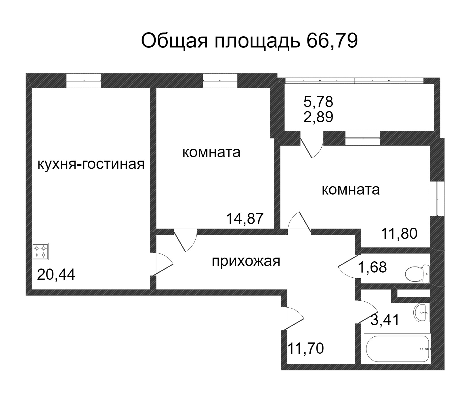 Объявление. г. Сургут, 2-комн.кв. 66.79кв.м, Ивана Захарова. Фото 3