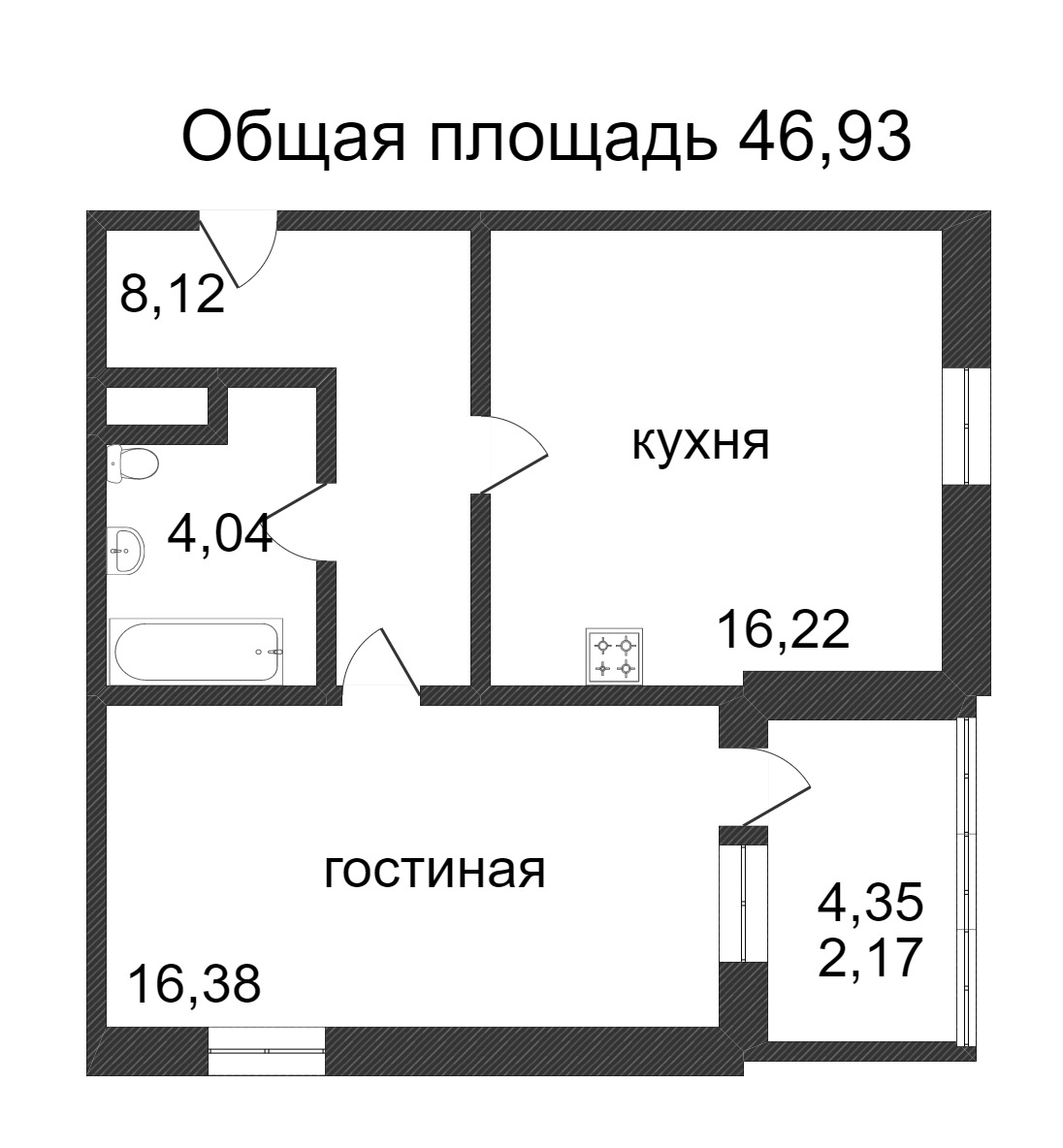 Объявление. г. Сургут, 1-комн.кв. 46.93кв.м, Ивана Захарова. Фото 3